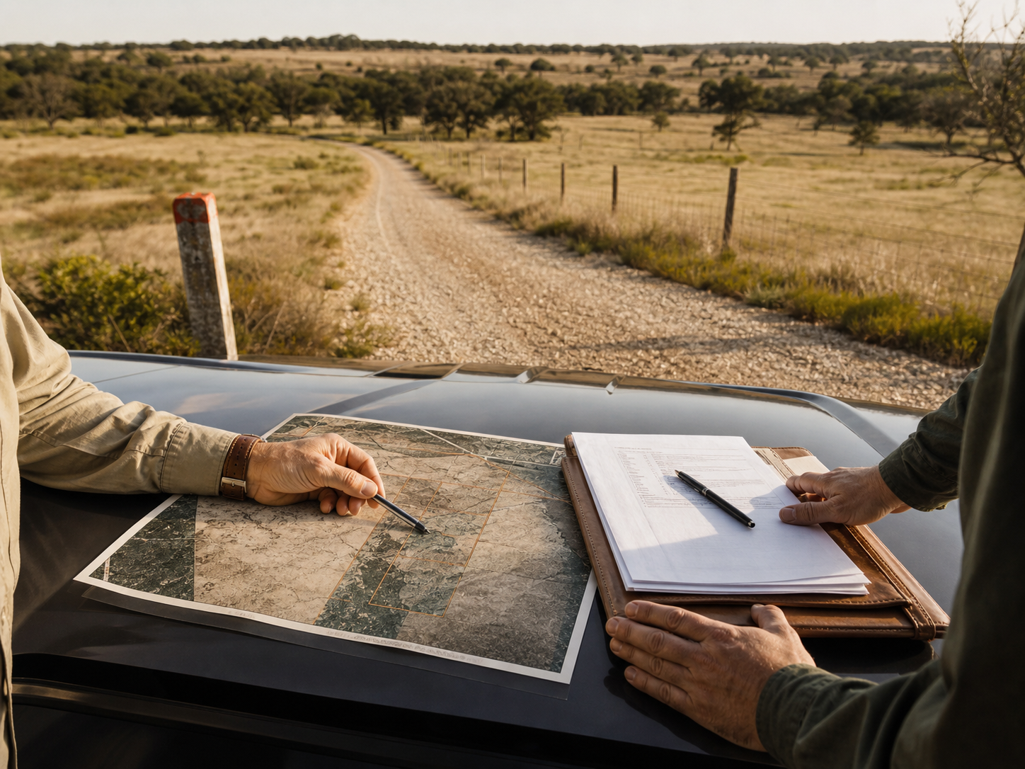 Land transaction team reviewing rural access and documents