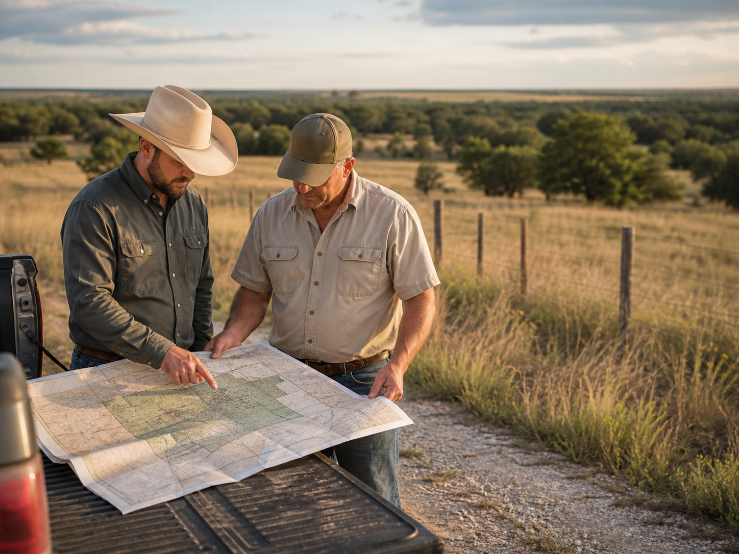 Land broker and owner reviewing a parcel survey